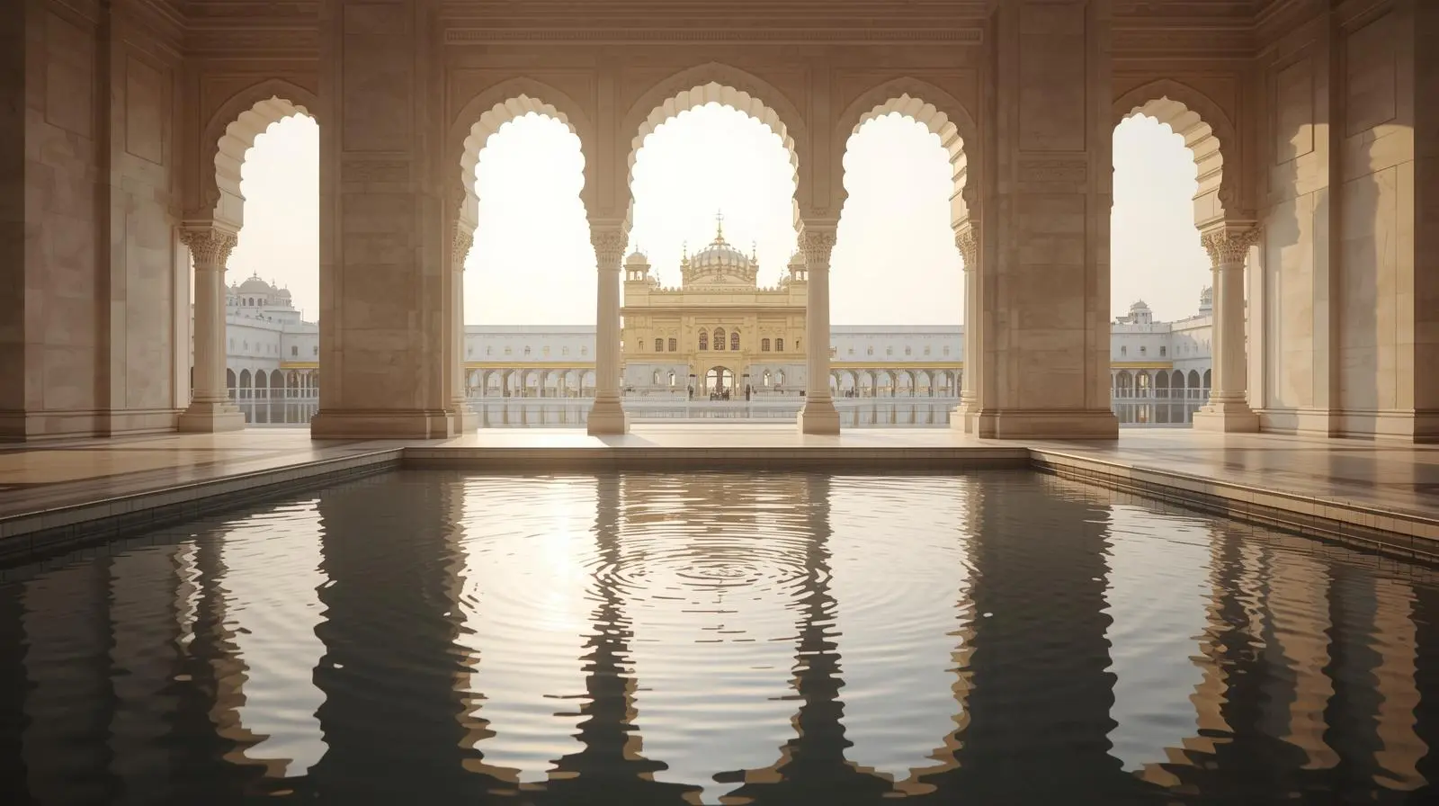A Minimalist, Sophisticated Composition Featuring The Peaceful Reflection Pools And Arches Inspired By The Golden Temple, Shown In Soft Neutrals And Warm Light Without Depicting The Shrine Fully. Subtle Ripples In